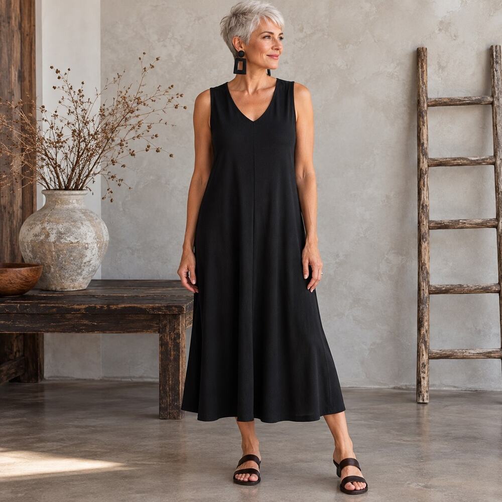 Eileen Fisher Black Knit Sleeveless Shift Dress NWT Large